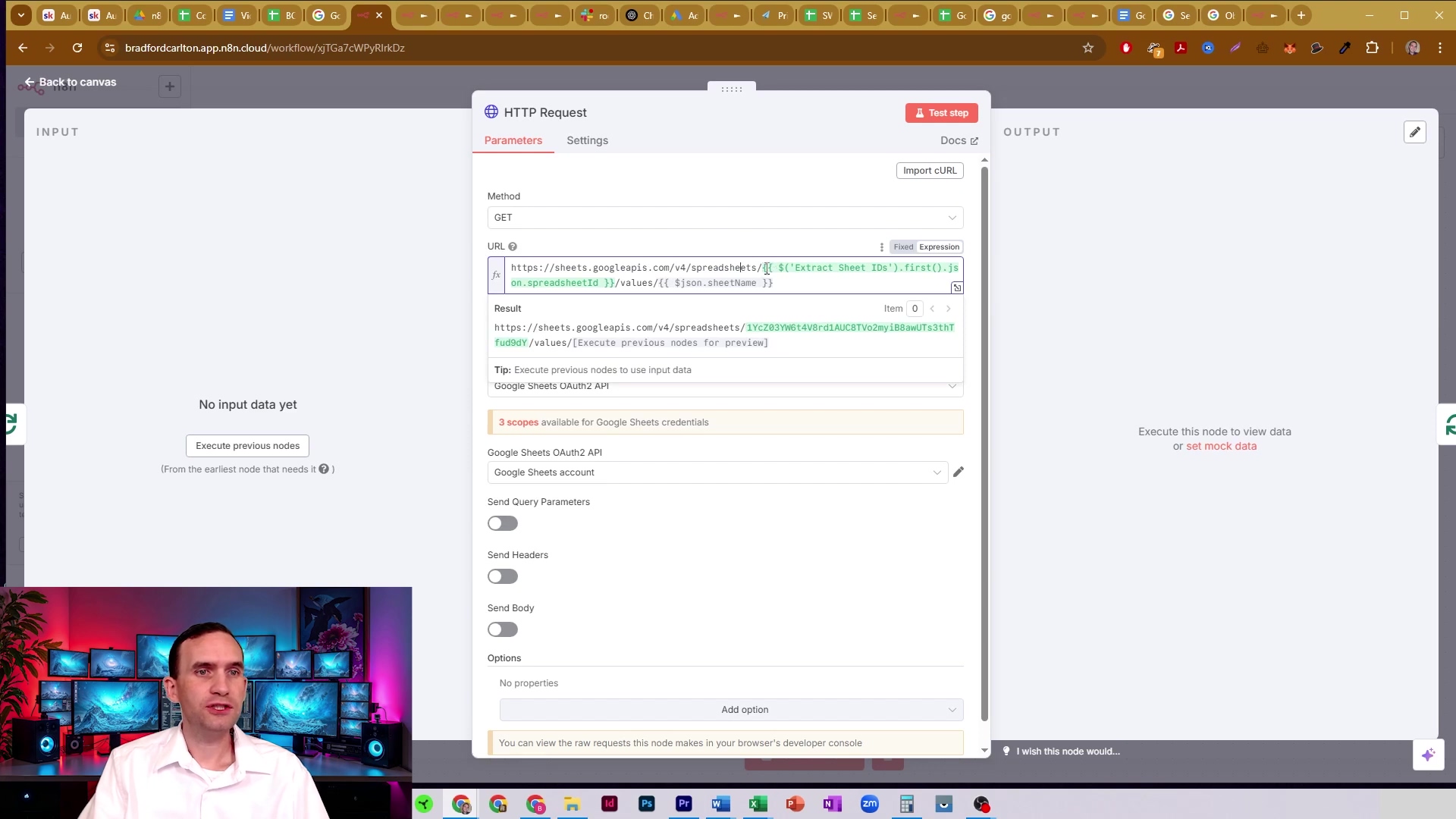 The image shows a split screen with a man speaking on the bottom left and an n8n workflow interface on the top right. The n8n interface displays an 'HTTP Request' node with its parameters and settings visible. The 'Parameters' tab is selected, showing fields for 'Method' (GET), 'URL', and 'Result'. The URL field contains a Google Sheets API endpoint, and the result shows a successful fetch. Below this, there are options for Google Sheets credentials, send query parameters, send headers, send body, and options. The man in the bottom left is wearing a blue shirt and is in front of a setup with multiple computer monitors displaying various colors. The overall color scheme of the n8n interface is dark mode with white text.