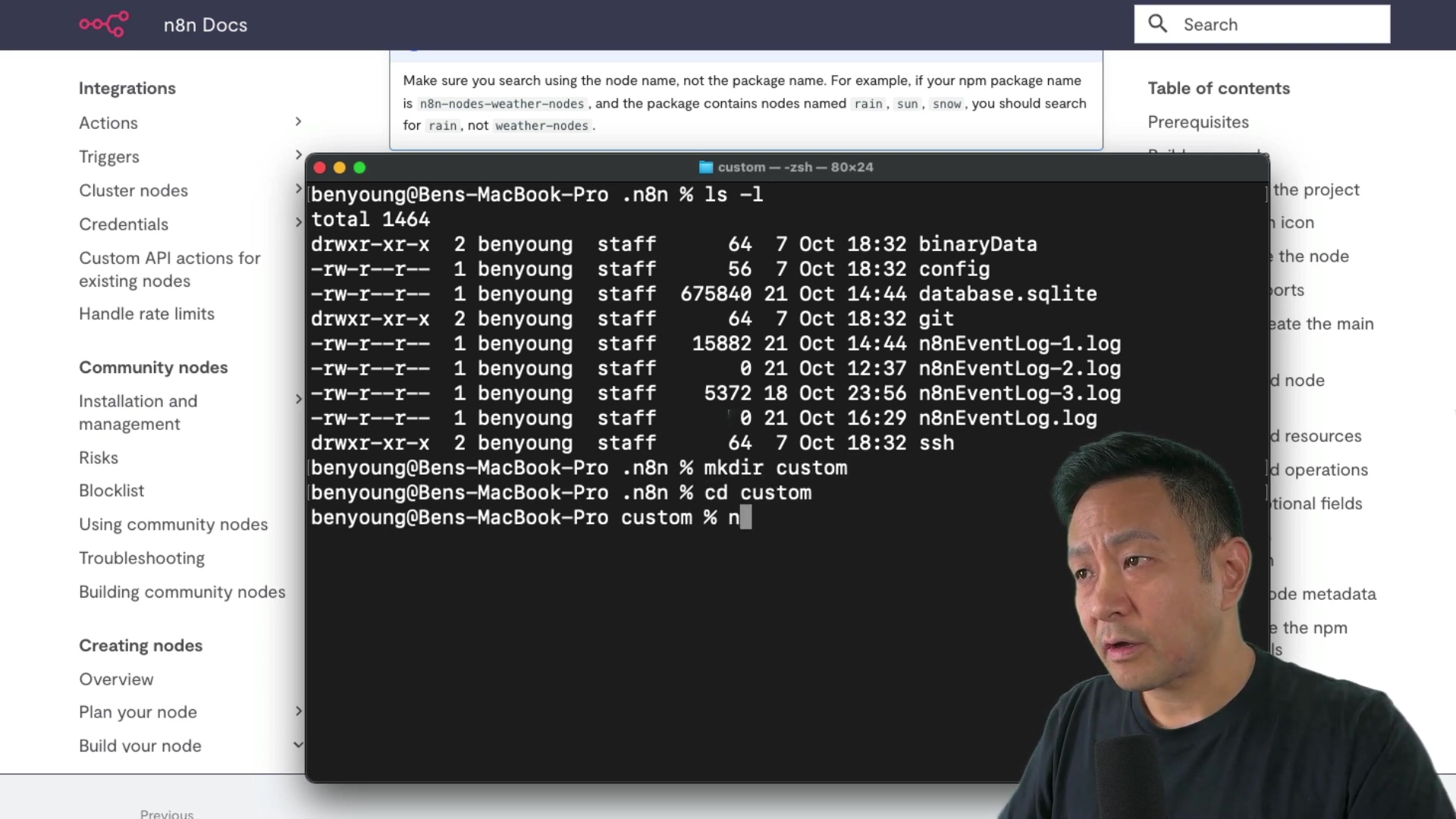 The image shows a person looking at a terminal window on a computer screen. The terminal displays commands and file information. The person is positioned to the right of the screen, partially visible. The background includes elements of the n8n Docs interface, such as 'Integrations', 'Credentials', 'Custom API actions for existing nodes', 'Handle rate limits', 'Community nodes', 'Installation and management', 'Risks', 'Blocklist', 'Using community nodes', 'Troubleshooting', 'Building community nodes', 'Creating nodes', 'Overview', 'Plan your node', 'Build your node', 'Set up your development environment', 'Tutorial: Build a declarative-style node', and a search bar.