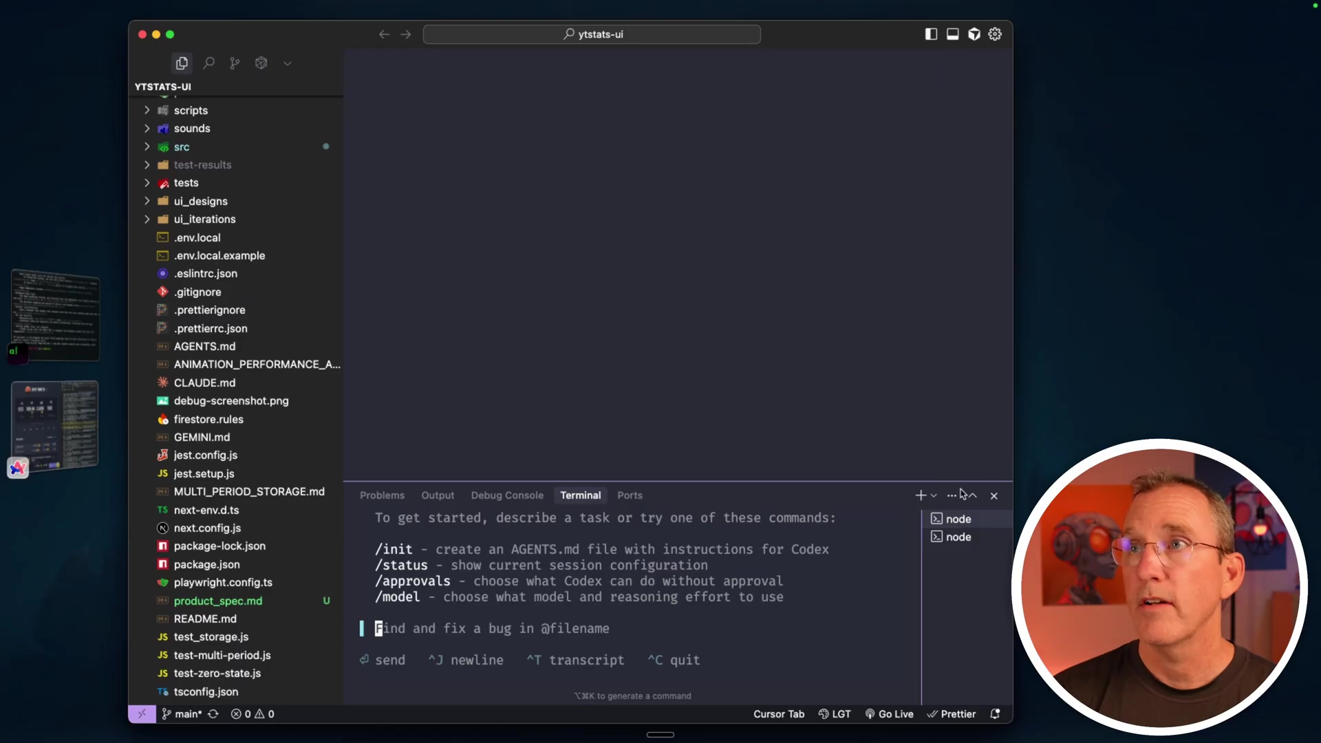 The image shows a screen capture of the ystats-ui project in VS Code on a macOS system. The file explorer on the left shows various project files and folders, including 'scripts', 'src', 'test-results', 'tests', 'ui_designs', 'ui_iterations', 'env.local', 'env.local.example', '.eslintrc.json', '.gitignore', '.prettierignore', 'AGENTS.md', 'ANIMATION_PERFORMANCE_A...', 'CLAUDE.md', 'debug-screenshot.png', 'firestore.rules', 'GEMINI.md', 'jest.config.js', 'jest.setup.js', 'MULTI_PERIOD_STORAGE.md', 'next-env.d.ts', 'next.config.js', 'package-lock.json', 'package.json', 'playwright.config.ts', 'product.spec.md', 'README.md', 'test-storage.js', 'test-multi-period.js', 'test-zero-state.js', and 'tsconfig.json'. The main editor window displays a terminal interface with the prompt 'To get started, describe a task or try one of these commands:'. Below this are listed '/init - create an AGENTS.md file with instructions for Codex', '/status - show current session configuration', '/approvals - choose what Codex can do without approval', and '/model - choose what model and reasoning effort to use'. At the bottom, there is an input field with the text 'find and fix a bug in @filename'. The bottom toolbar shows 'Cursor Tab', 'Go Live', and 'Prettier'. In the lower right corner, there is a circular inset of a person's face. The window title is 'ystats-ui'.